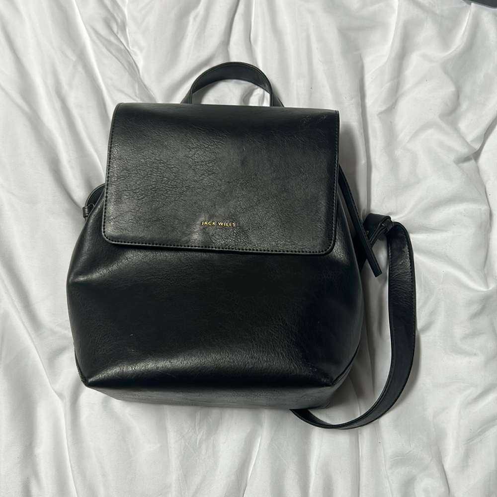 Jack Wills Black Leather Backpack with gold detailing